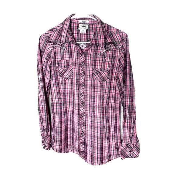 Ariat Tops - ARIAT Size M Pearl Snap Button Shirt Fitted Pink Plaid Embroidered Womens Silver